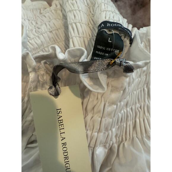 Isabella Rodriguez Smocked Neck Poplin Top White L - Picture 6 of 6